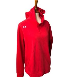 Under Armour red hooded pullover sweatshirt with kangaroo pocket.